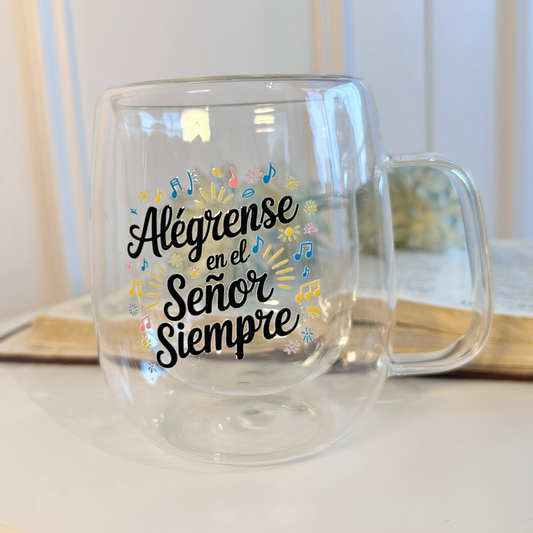 Taza cristiana con versículo 'Alégrense en el Señor siempre' Filipenses 4:4