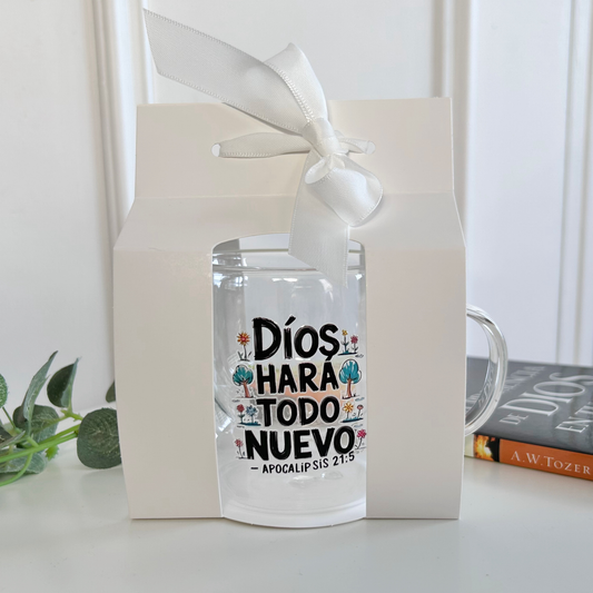 Taza Cristiana “Dios Hará Todo Nuevo” Vidrio 250ml – Apocalipsis 21:5