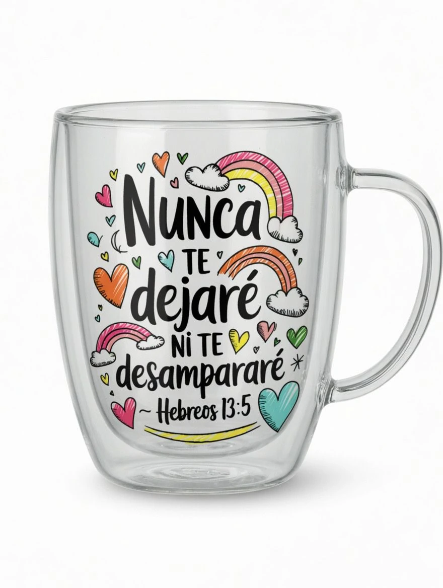 Taza Cristiana “Nunca te dejaré ni te desampararé” Vidrio 350ml – Hebreos 13:5