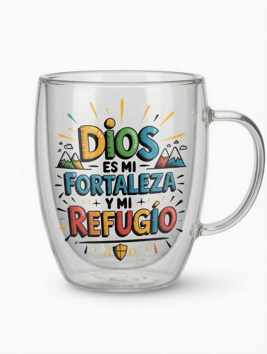 Taza Cristiana “Dios es mi Fortaleza y mi Refugio” Vidrio 350ml – Regalo con Fe