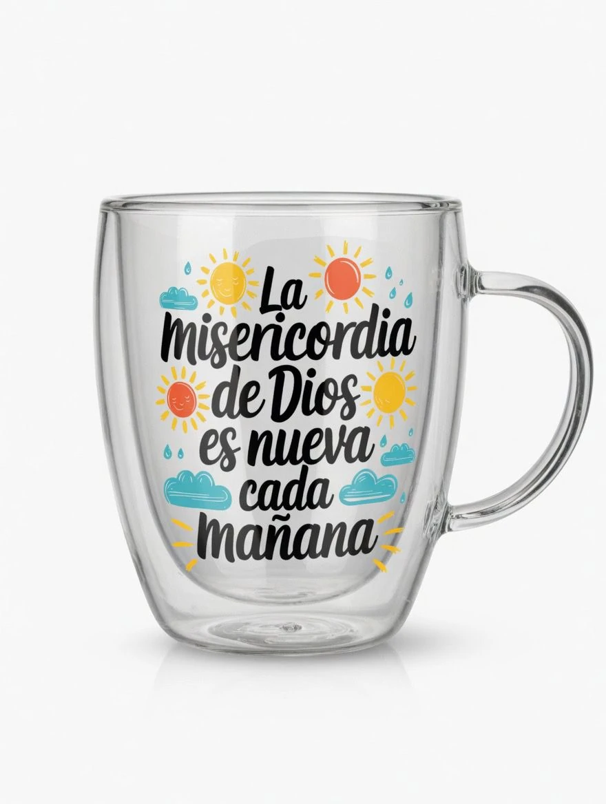 Taza Cristiana “La Misericordia de Dios es Nueva Cada Mañana” Vidrio 350ml – Inspiración Diaria