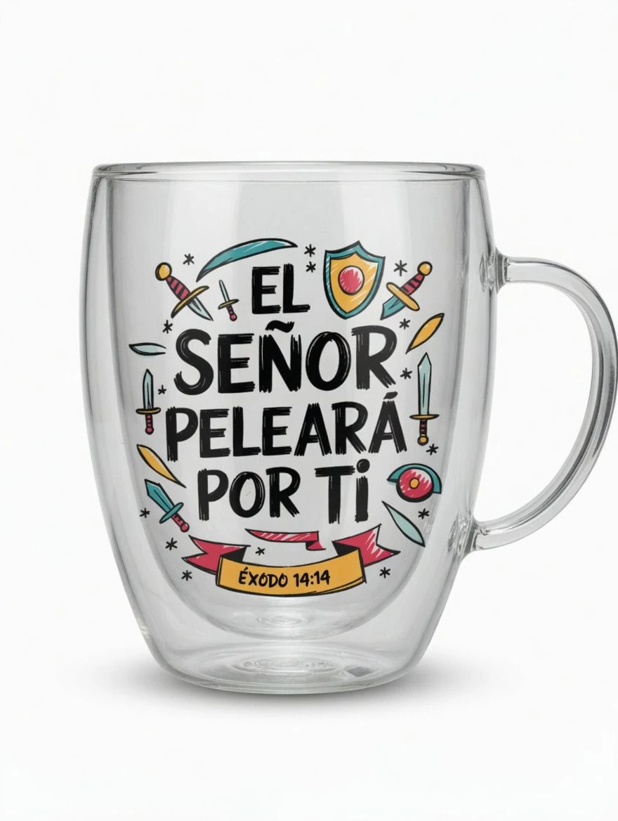 Taza Cristiana “El Señor Peleará por Ti” Vidrio 350ml – Éxodo 14:14